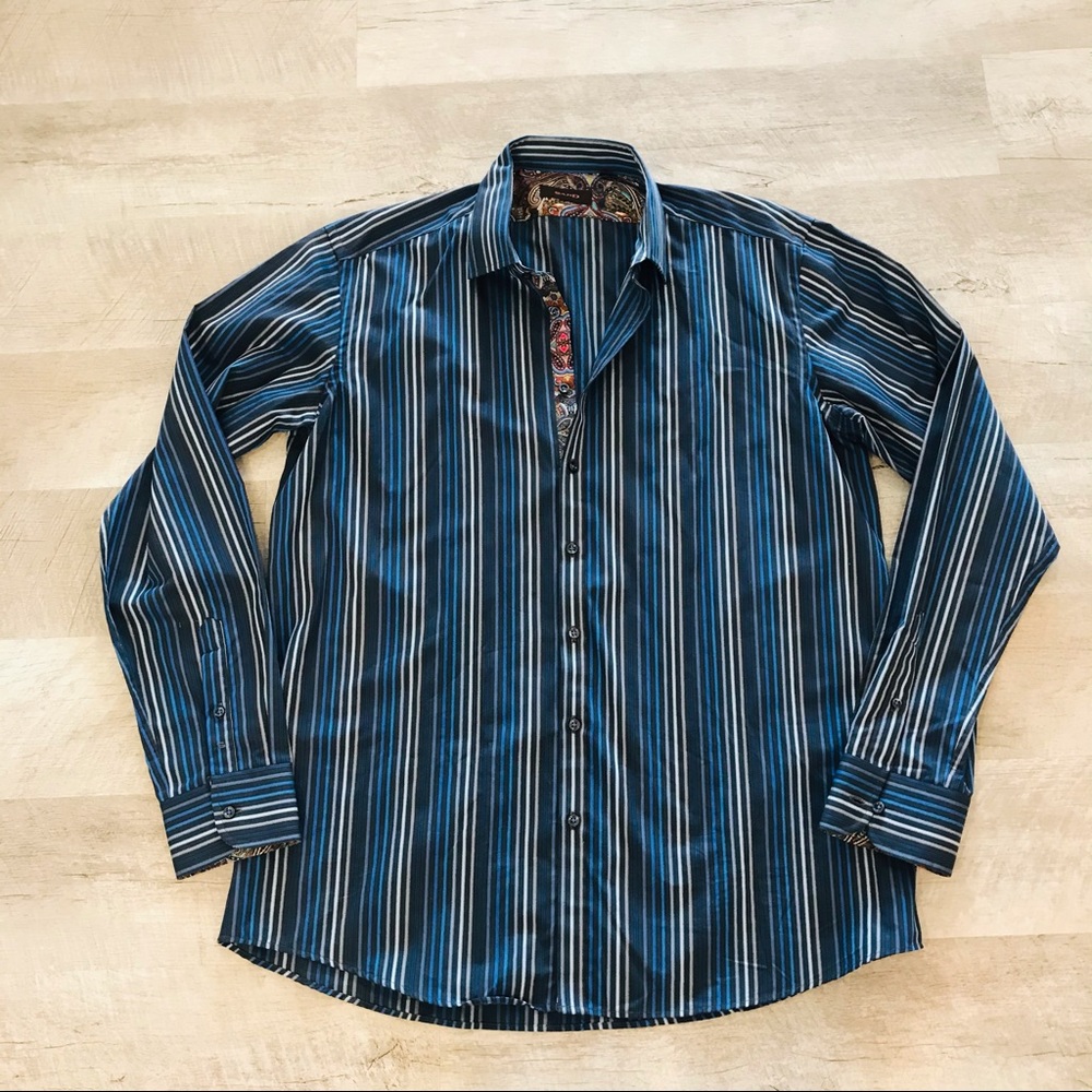 Men’s dress shirt. Size 44. Blues, black and gray stripes.